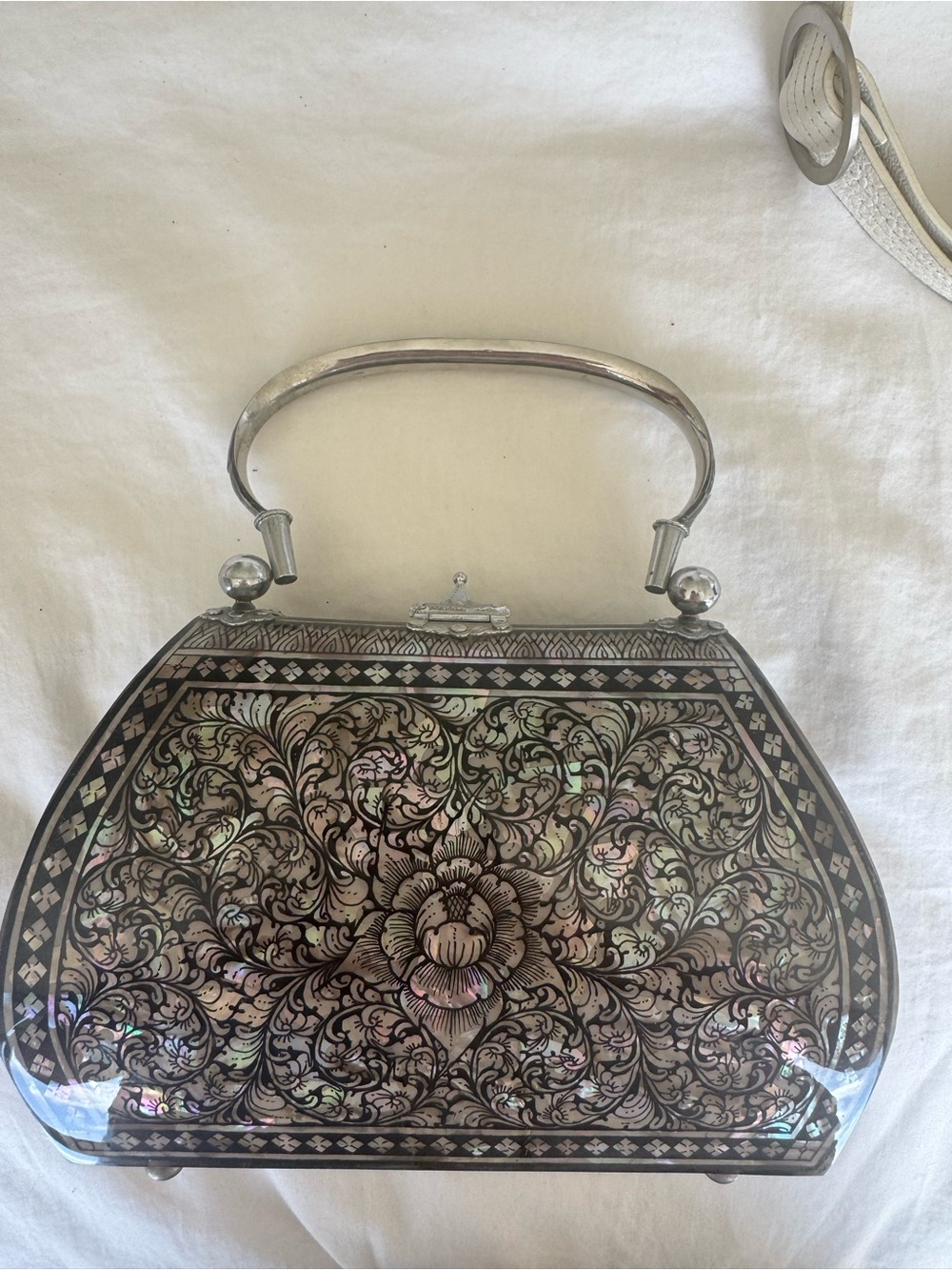 Elegant Mother-of-Pearl Floral Top-Handle Bag in Iridescent Black